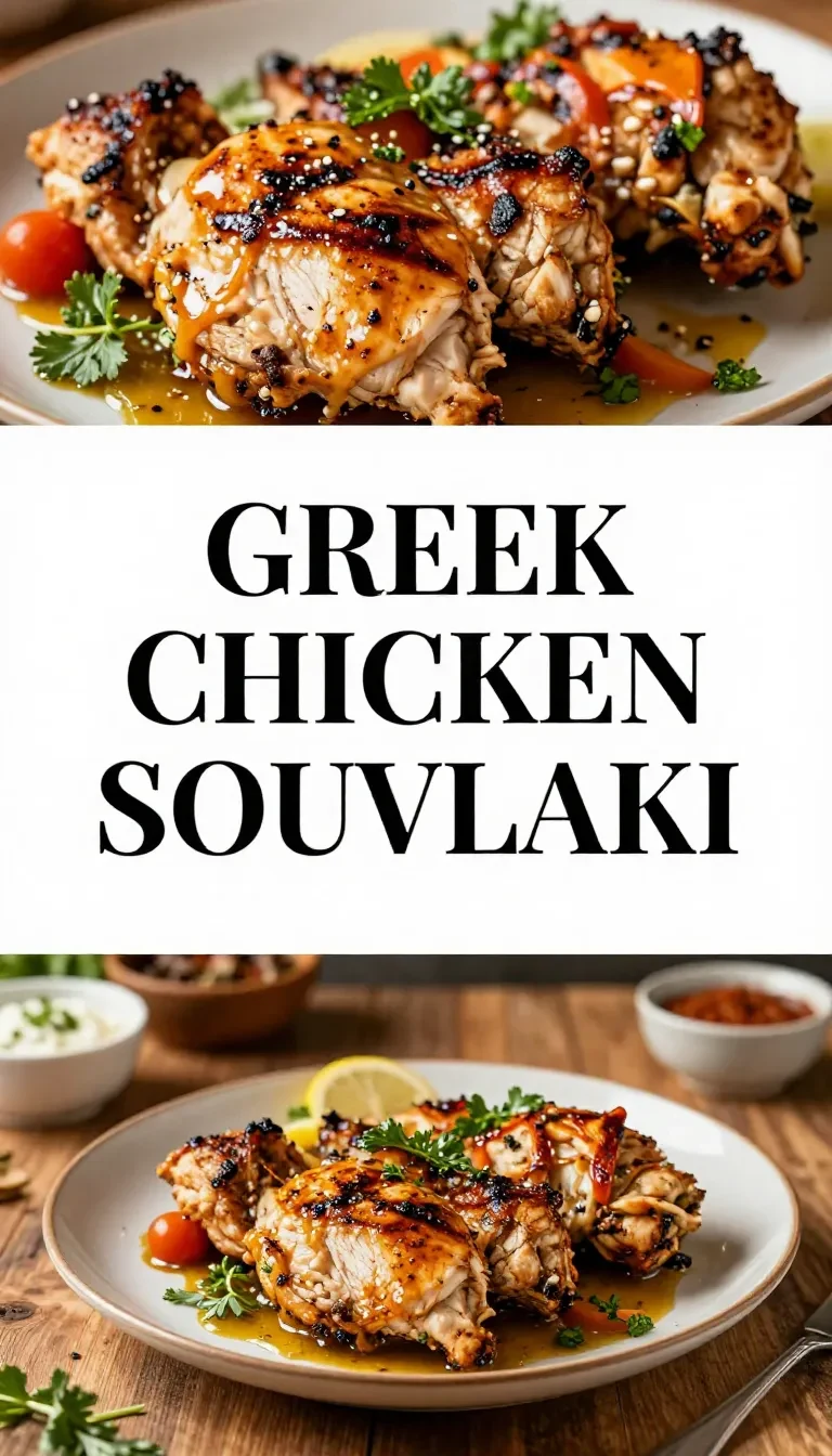 Grilled Greek chicken souvlaki skewers served with fresh vegetables and pita bread.