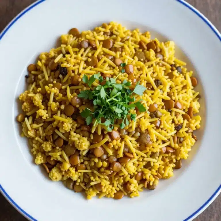 A bowl of Mediterranean lentils and rice garnished with fresh parsley and lemon slices.