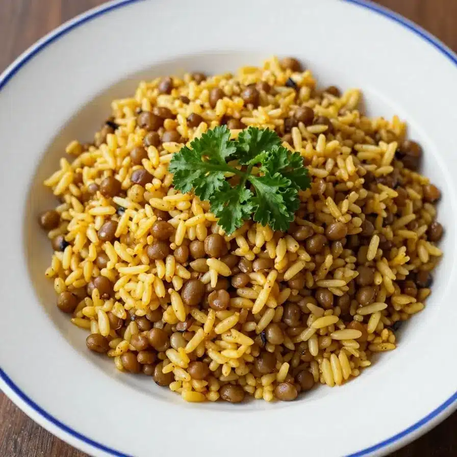 A bowl of Mediterranean lentils and rice garnished with fresh parsley and lemon slices.