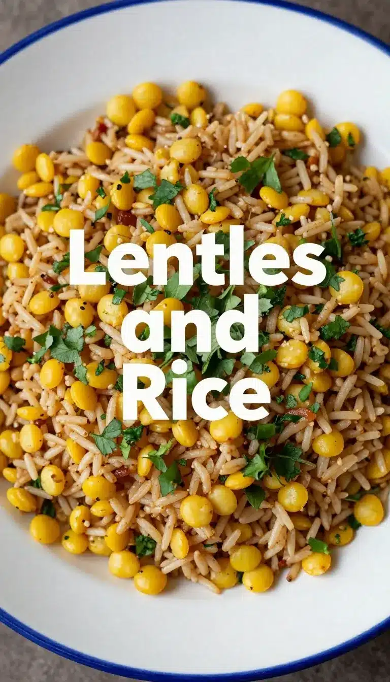 A bowl of Mediterranean lentils and rice garnished with fresh parsley and lemon slices.