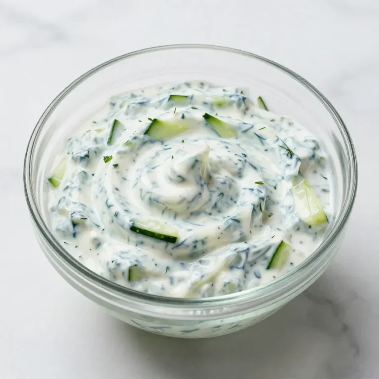 A bowl of creamy homemade tzatziki sauce garnished with fresh dill and cucumber slices.