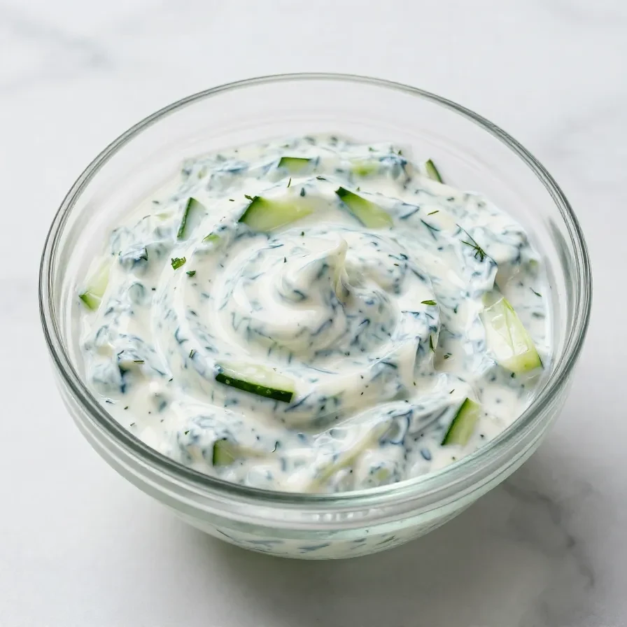A bowl of creamy homemade tzatziki sauce garnished with fresh dill and cucumber slices.