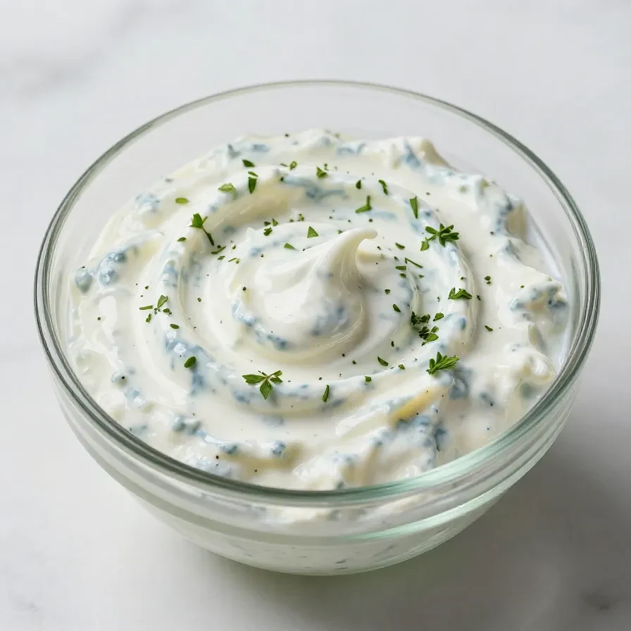 A bowl of creamy homemade tzatziki sauce garnished with fresh dill and cucumber slices.