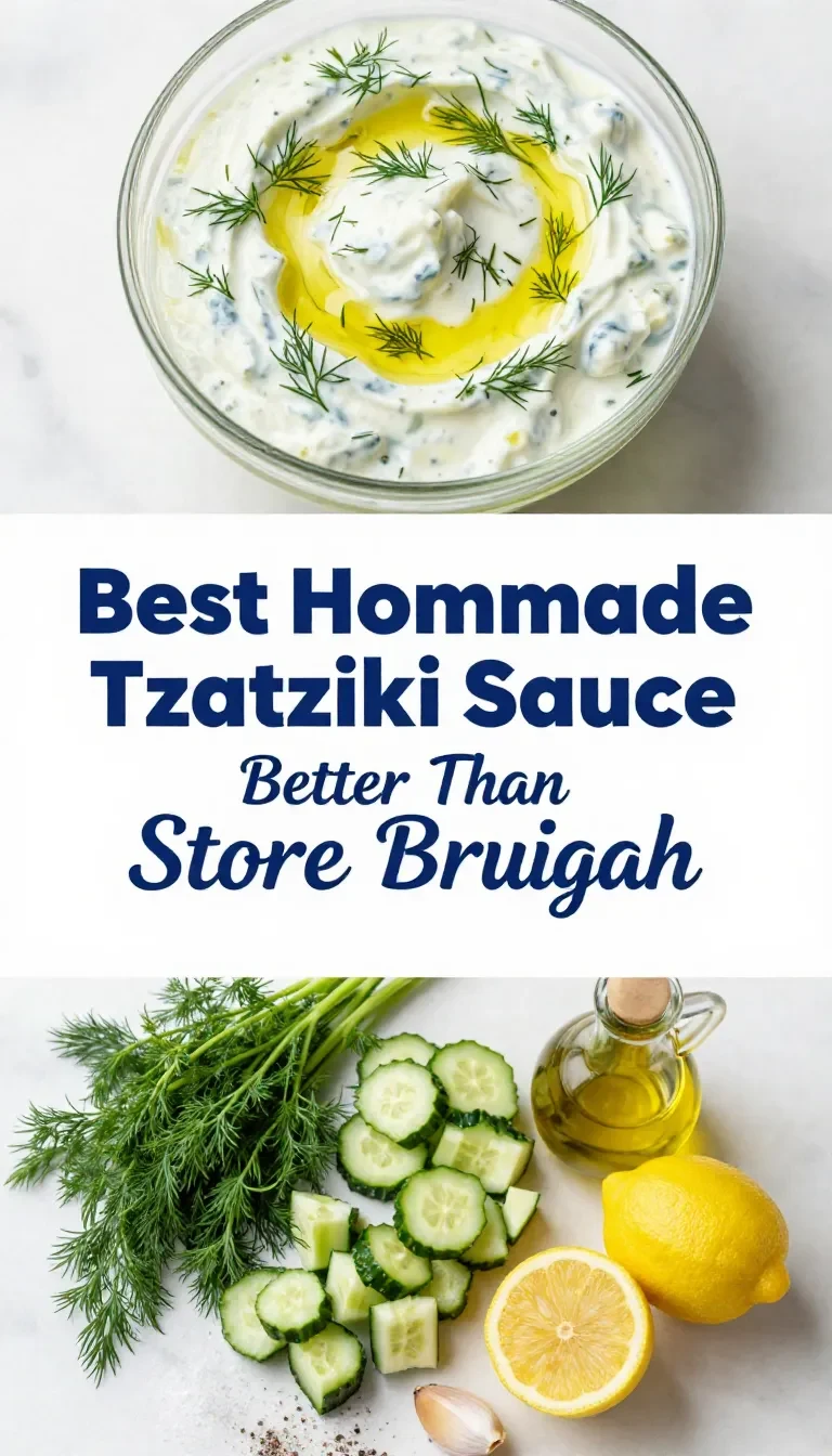 A bowl of creamy homemade tzatziki sauce garnished with fresh dill and cucumber slices.