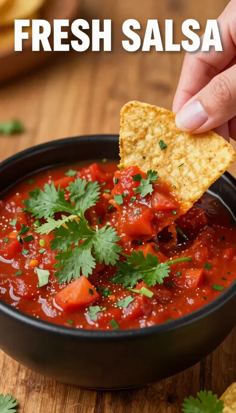 A bowl of freshly roasted salsa surrounded by tomatoes, peppers, and herbs.