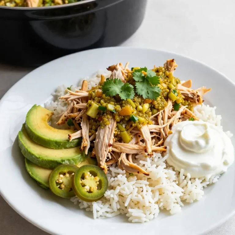 A crockpot filled with salsa verde chicken garnished with fresh cilantro.