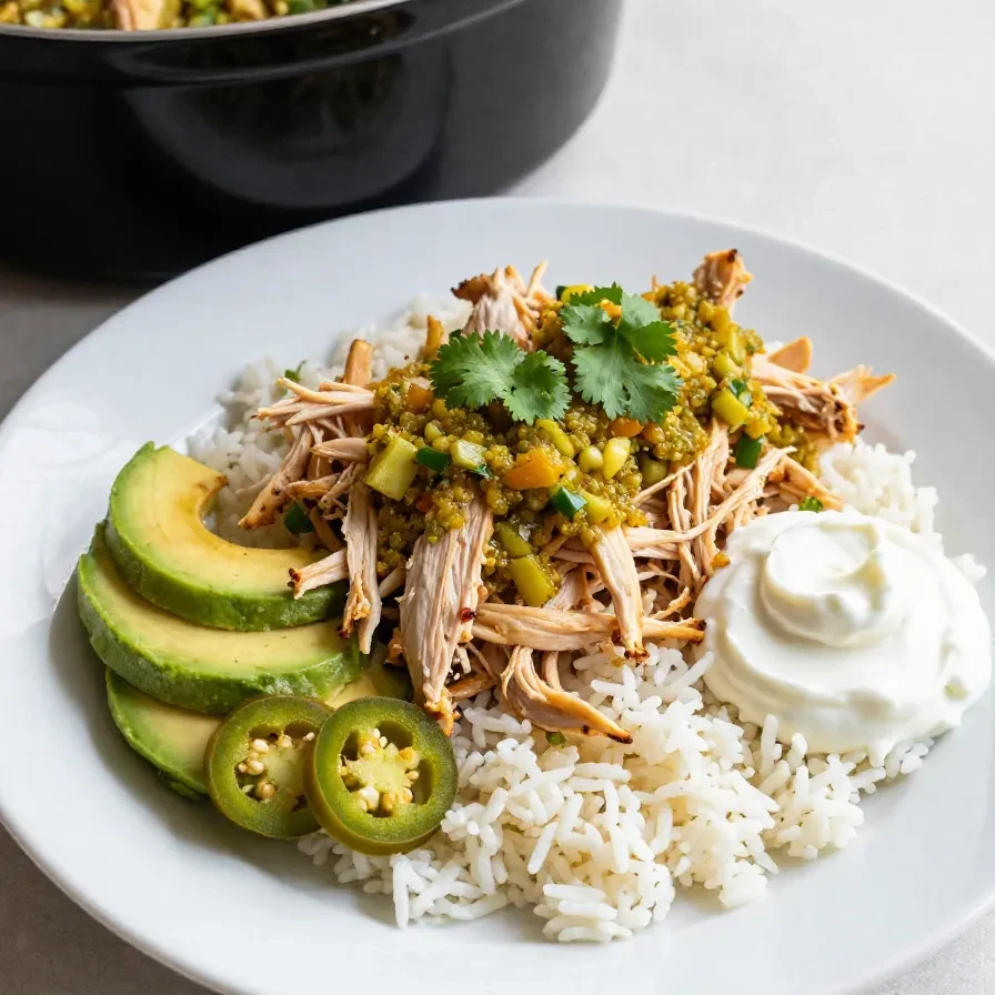 A crockpot filled with salsa verde chicken garnished with fresh cilantro.
