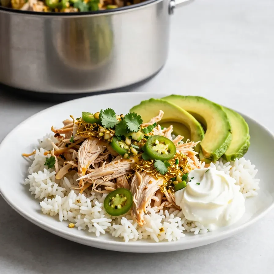 A crockpot filled with salsa verde chicken garnished with fresh cilantro.
