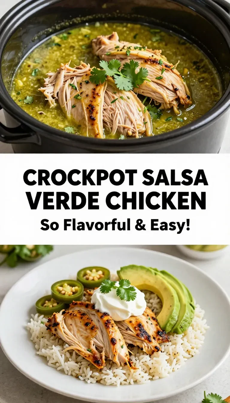 A crockpot filled with salsa verde chicken garnished with fresh cilantro.