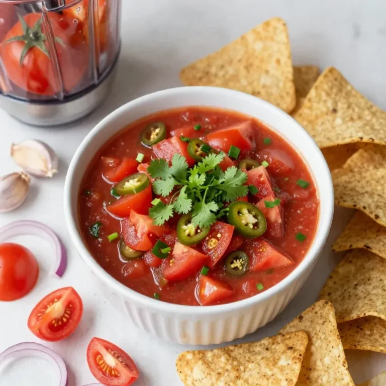 A bowl of vibrant homemade restaurant-style salsa surrounded by fresh tomatoes, onions, and cilantro.