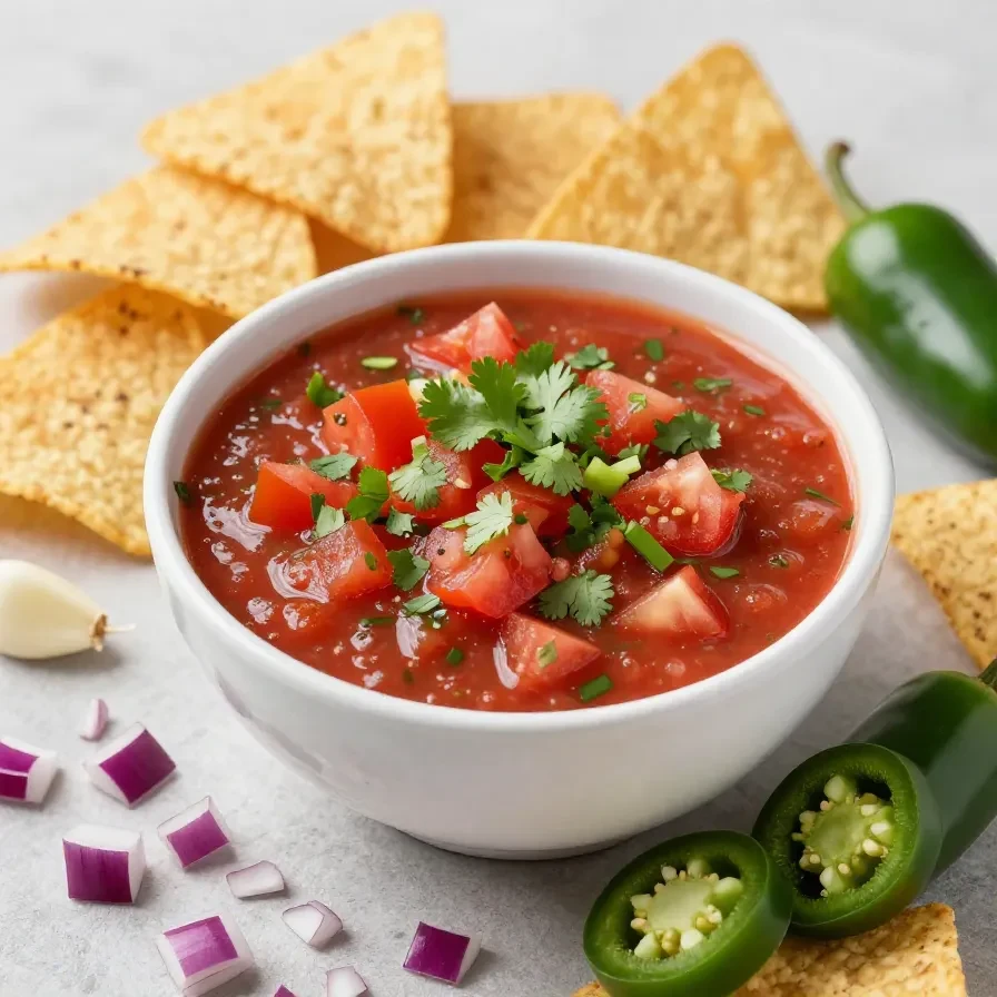 A bowl of vibrant homemade restaurant-style salsa surrounded by fresh tomatoes, onions, and cilantro.