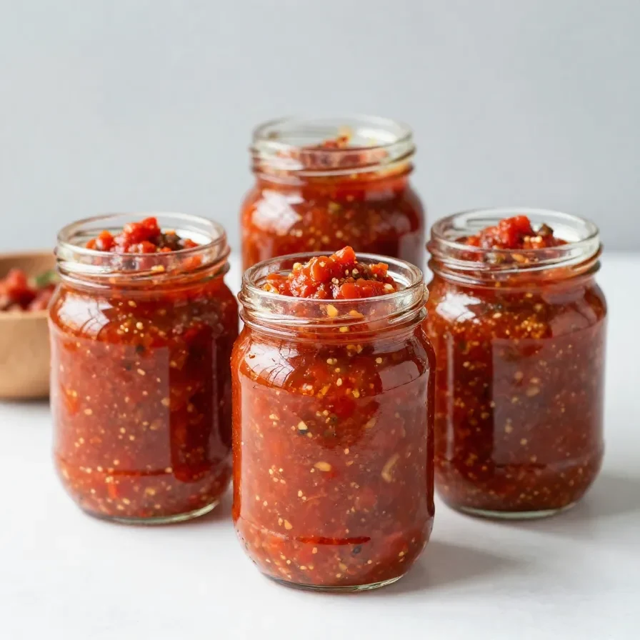 A bowl of homemade chunky salsa with fresh tomatoes, onions, and peppers, ready for canning.