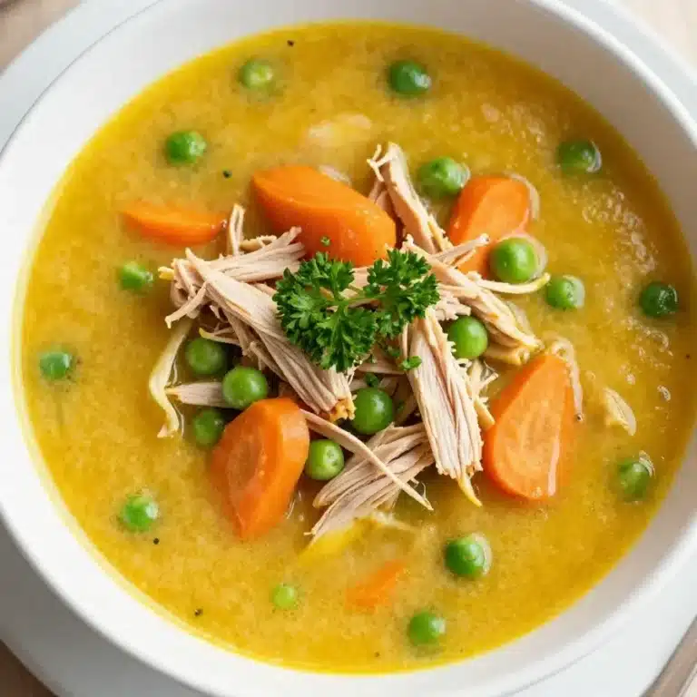 A bowl of turmeric chicken soup garnished with fresh herbs and vegetables.
