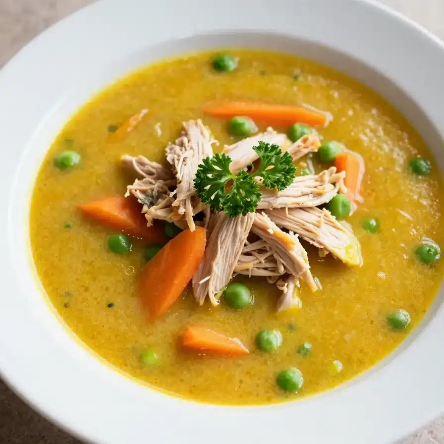 A bowl of turmeric chicken soup garnished with fresh herbs and vegetables.