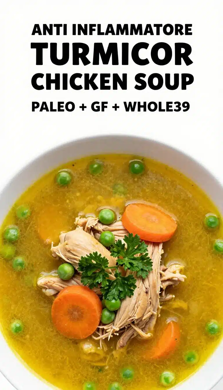A bowl of turmeric chicken soup garnished with fresh herbs and vegetables.
