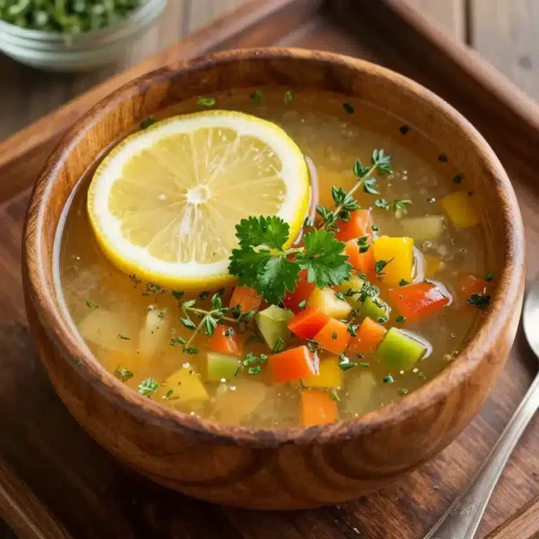 A bowl of golden lemon lentil soup garnished with fresh parsley and served on a wooden table.