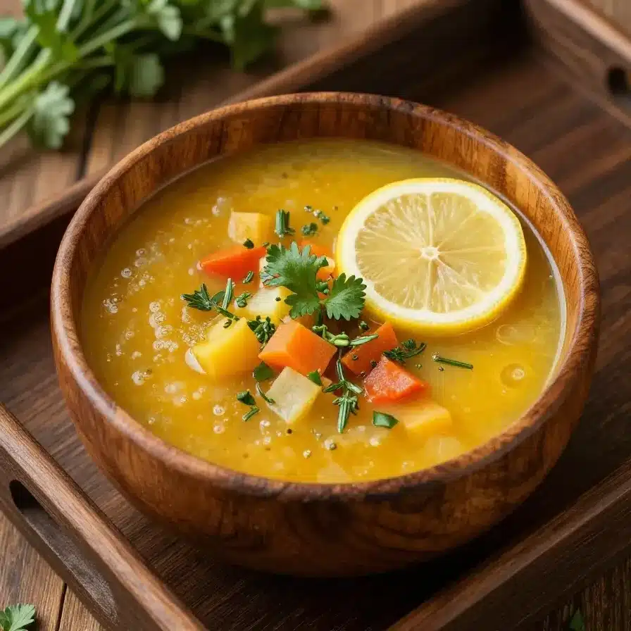 A bowl of golden lemon lentil soup garnished with fresh parsley and served on a wooden table.
