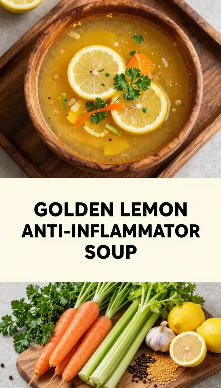 A bowl of golden lemon lentil soup garnished with fresh parsley and served on a wooden table.