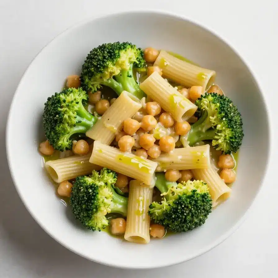 A bowl of broccoli chickpea pasta served as a healthy vegetarian entree.