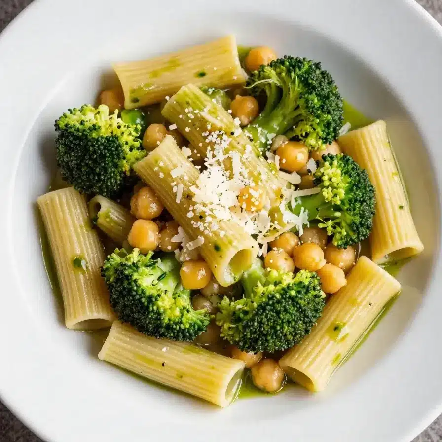 A bowl of broccoli chickpea pasta served as a healthy vegetarian entree.