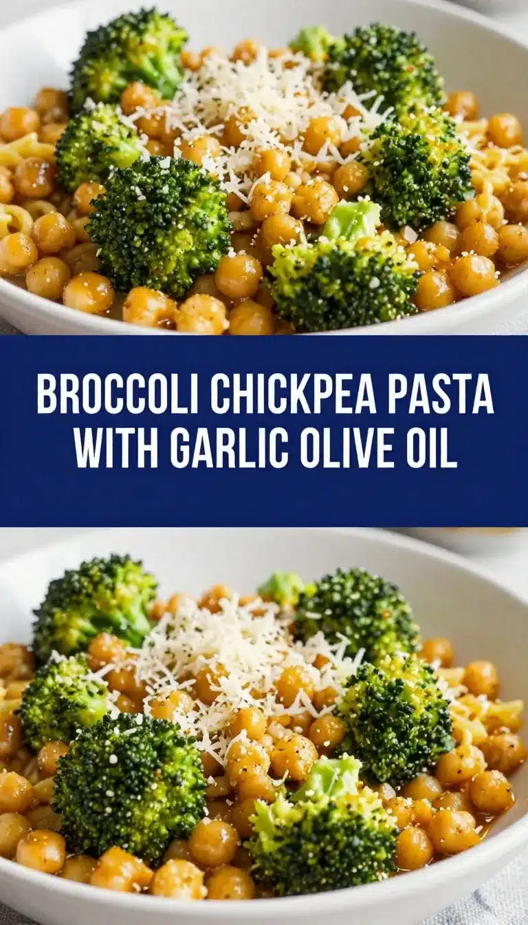 A bowl of broccoli chickpea pasta served as a healthy vegetarian entree.