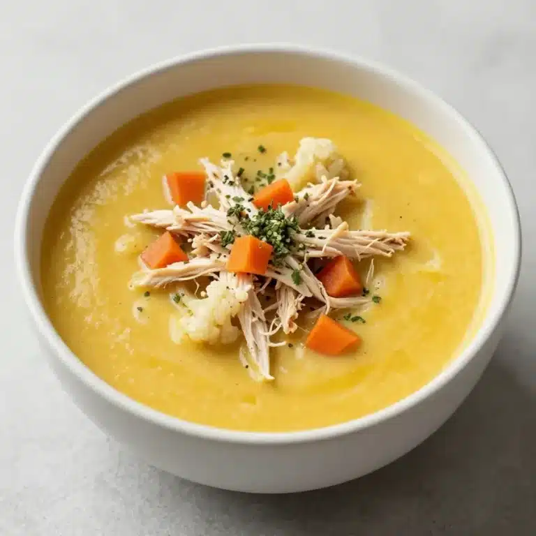 A bowl of anti-inflammatory cauliflower chicken soup garnished with fresh herbs.