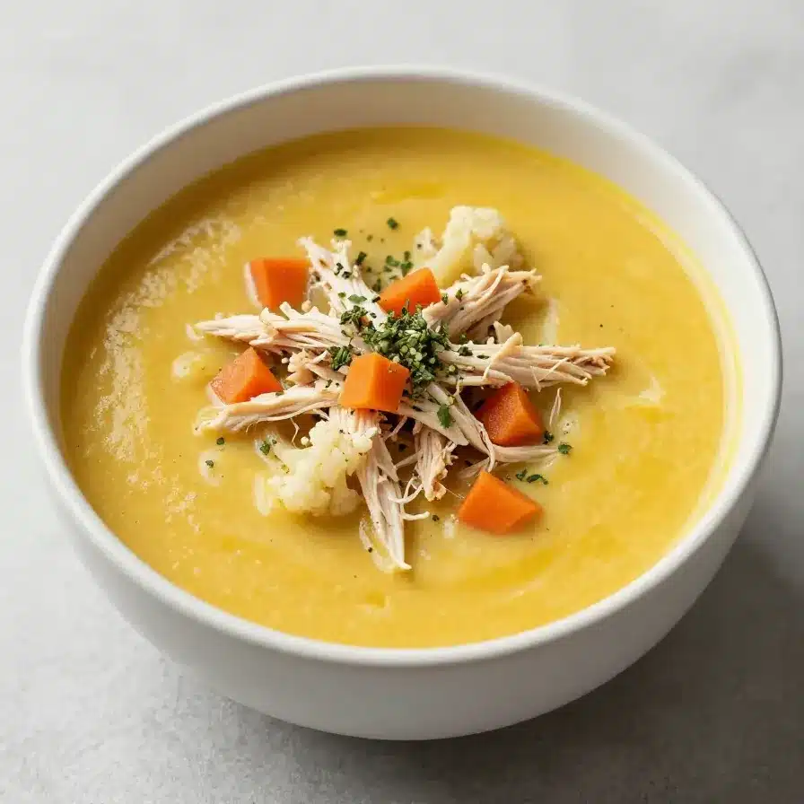 A bowl of anti-inflammatory cauliflower chicken soup garnished with fresh herbs.