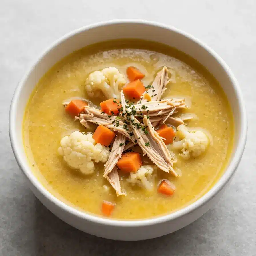 A bowl of anti-inflammatory cauliflower chicken soup garnished with fresh herbs.