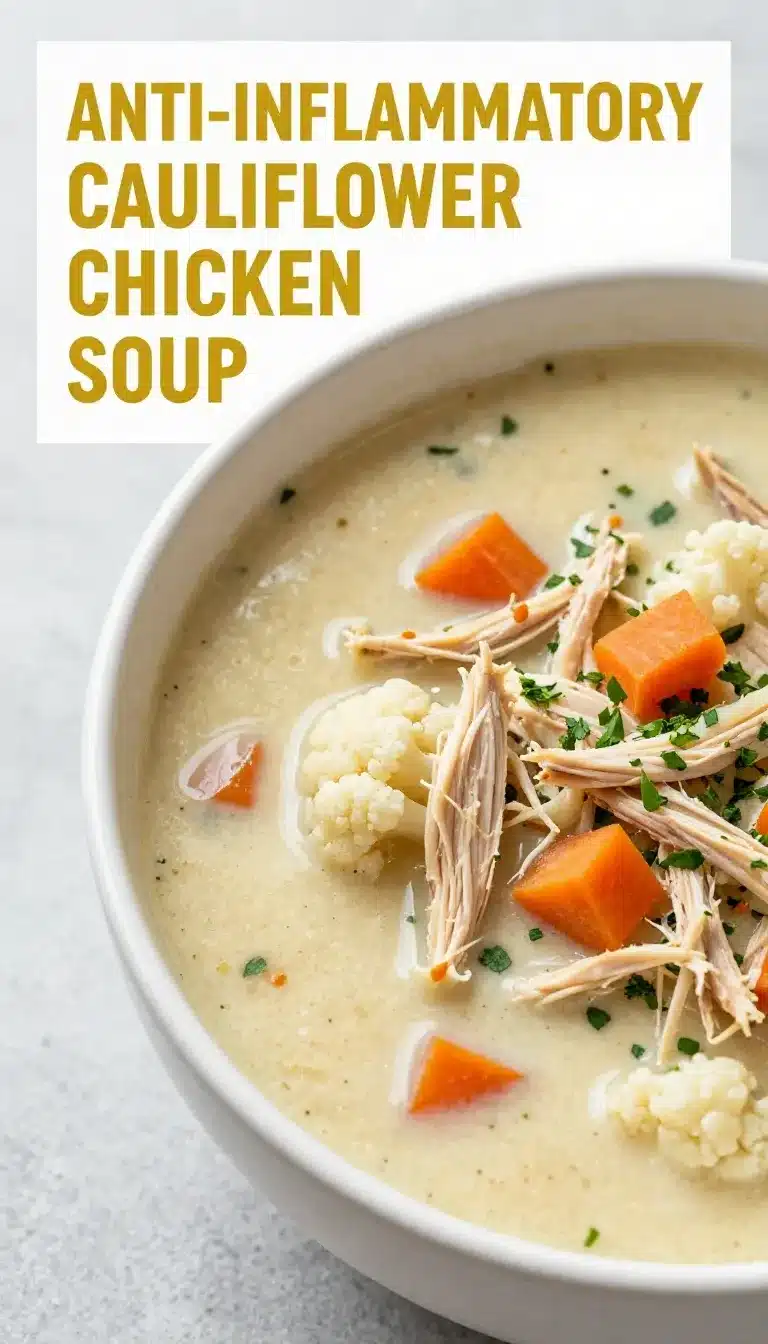 A bowl of anti-inflammatory cauliflower chicken soup garnished with fresh herbs.