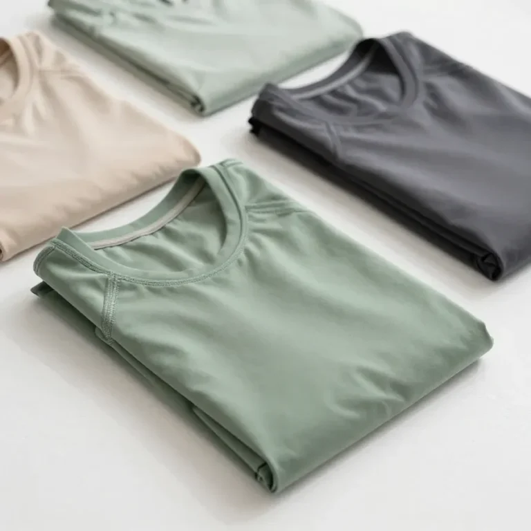 A collection of colorful sportswear including leggings, tank tops, and sneakers.