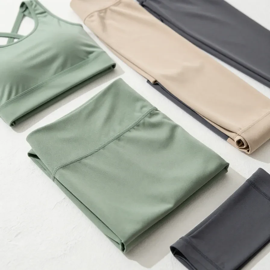 A collection of colorful sportswear including leggings, tank tops, and sneakers.