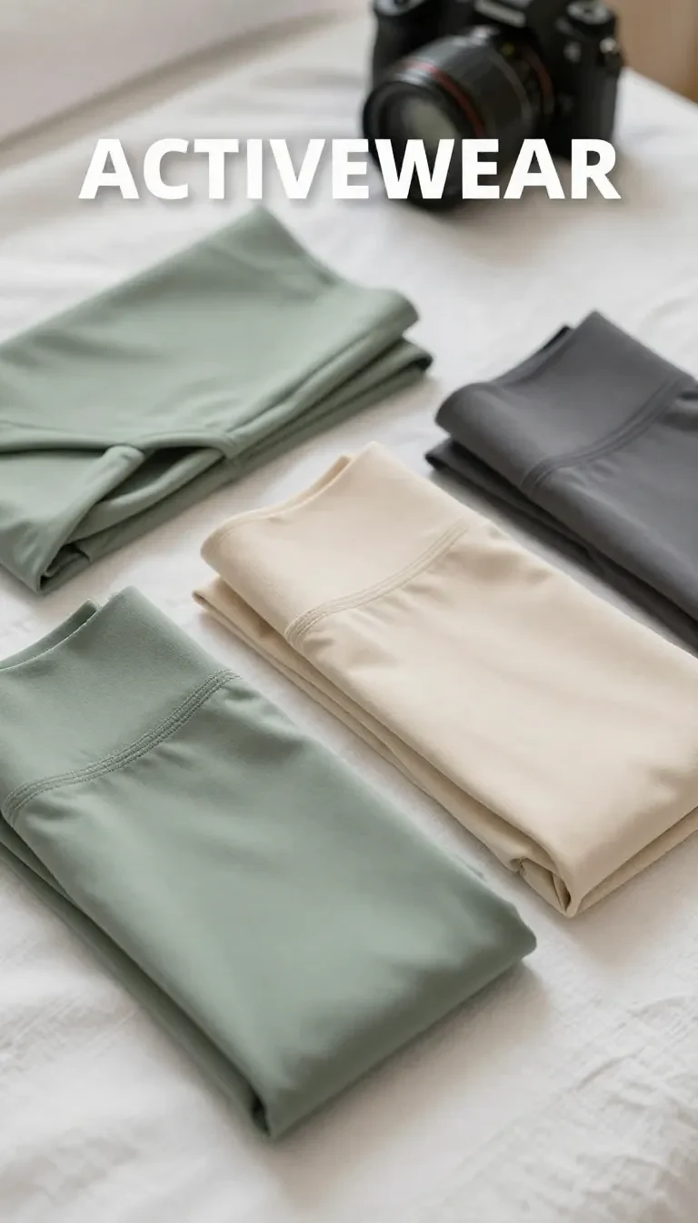 A collection of colorful sportswear including leggings, tank tops, and sneakers.