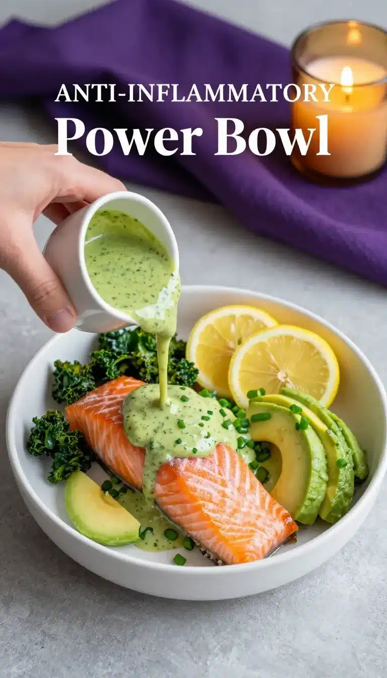 A colorful anti-inflammation power bowl with fresh vegetables, grains, and seeds served in a white bowl.