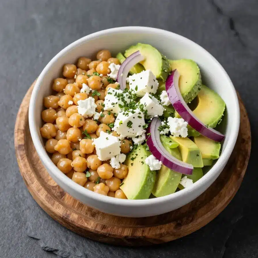 A vibrant chickpea salad with feta cheese, avocado slices, and fresh greens served in a white bowl.