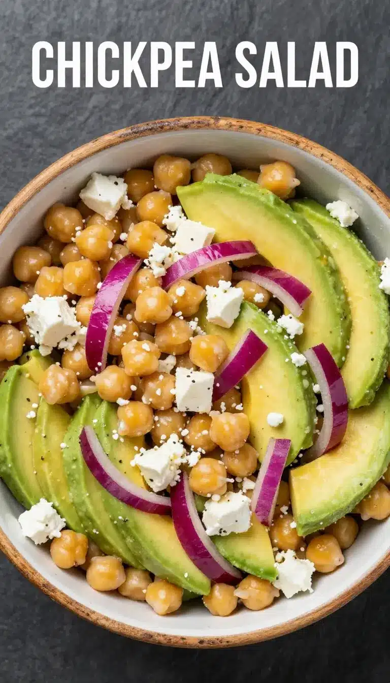 A vibrant chickpea salad with feta cheese, avocado slices, and fresh greens served in a white bowl.